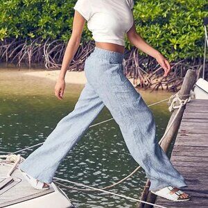 Athleta Cabo Linen Mid-Rise Wide Leg Pant - Chambray Blue - 14P - Worn 1 Time